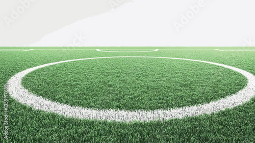 High-angle, close-up view of a soccer field's center circle. The image shows a vibrant green artificial turf with crisp, white lines marking the circle's perimeter.  The background is a softly