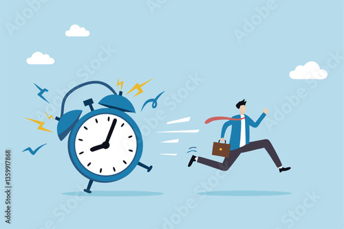 Late, hurry to go to work, rushing or running fast before deadline, speed or busy job, pressure or challenge to finish work in time, urgency concept, frustrated businessman hurry running to work late.