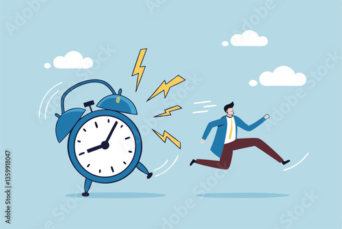 Late, hurry to go to work, rushing or running fast before deadline, speed or busy job, pressure or challenge to finish work in time, urgency concept, frustrated businessman hurry running to work late.