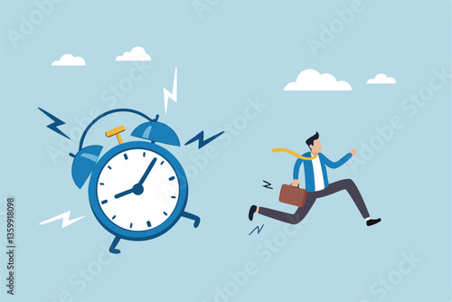 Late, hurry to go to work, rushing or running fast before deadline, speed or busy job, pressure or challenge to finish work in time, urgency concept, frustrated businessman hurry running to work late.
