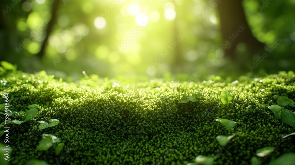 Naklejka premium Lush forest moss bathed in sunlight