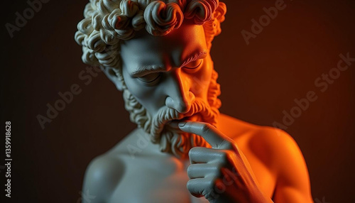 An ancient statue of a thoughtful figure, with a serene and contemplative expression. The statue exudes wisdom and mystery, capturing the essence of timeless art and classical beauty in its design.

