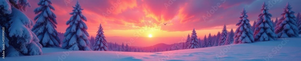 Snow-covered trees stand guard under a kaleidoscope of sunrise hues, mountains, nature Snow-covered trees stand guard under a kaleidoscope of sunrise hues, mountains, nature