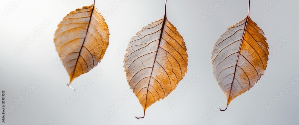 Fototapeta premium three light tree leaf skeletons on a white background, isolated