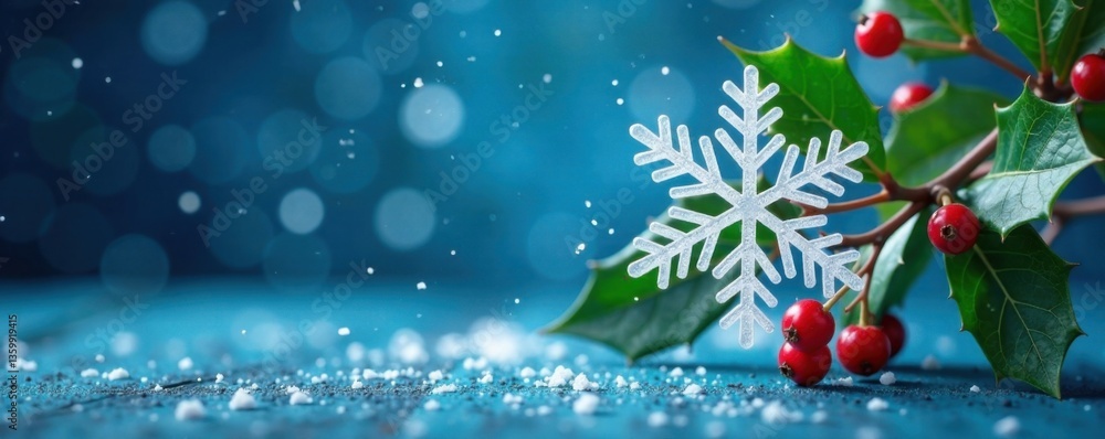Snowflake falling on blue background with holly and berries, holiday, berry Snowflake falling on blue background with holly and berries, holiday, berry