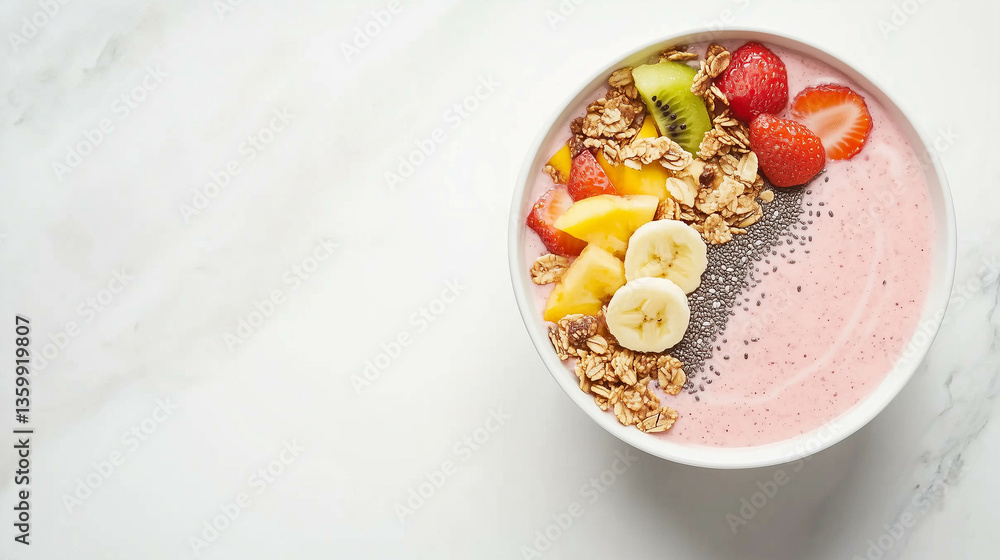 A fresh smoothie bowl with sliced banana, chia seeds, granola, and vibrant tropical fruits. A fresh smoothie bowl with sliced banana, chia seeds, granola, and vibrant tropical fruits.