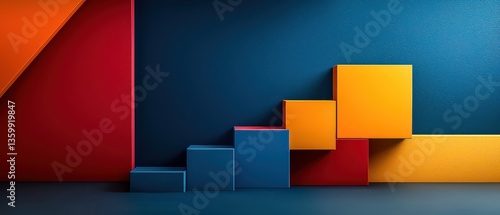 A colorful geometric design featuring abstract cubes arranged in steps. Blue, orange, red, and yellow hues create a vibrant composition.