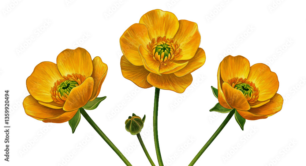 Obraz premium A Trio of Radiant Buttercups With Luminous, Buttery-Yellow Petals and Delicate Green Accents