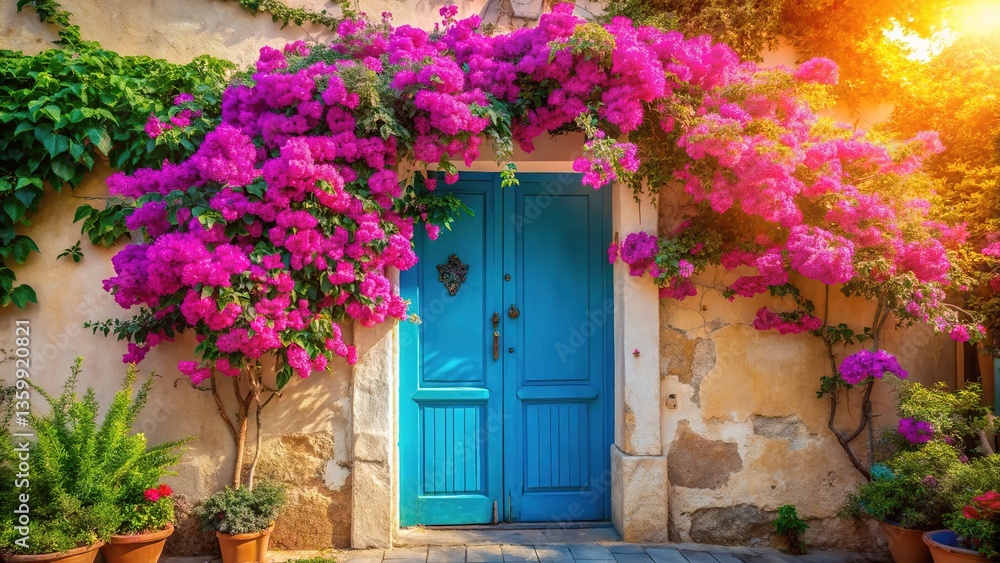 Fototapeta premium Old European Town Door Bougainvillea Bloom
