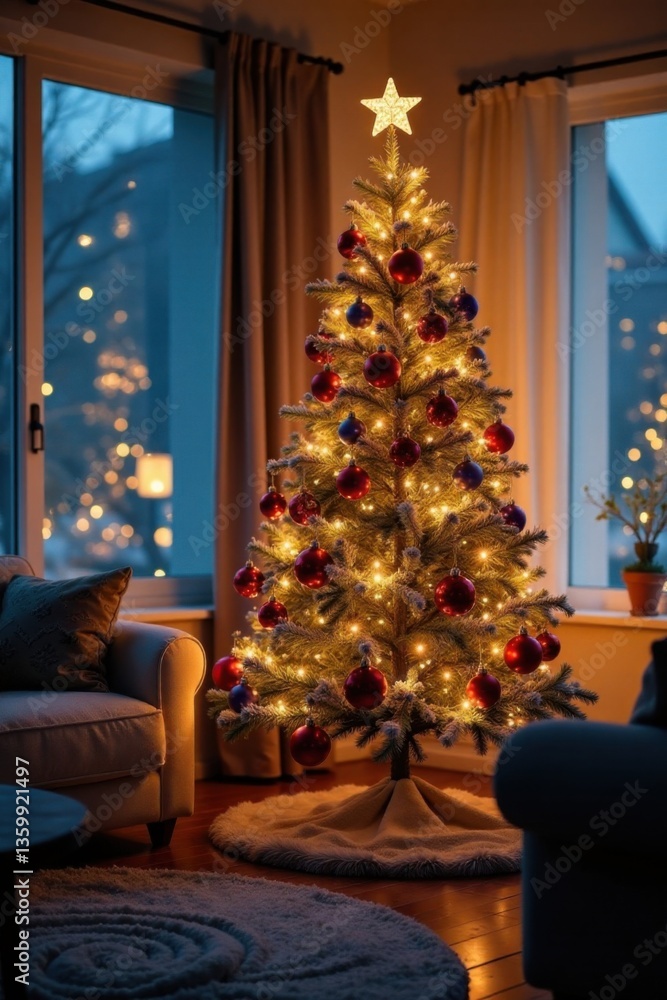 Snowy Christmas tree lit with fairy lights and ornaments in a cozy living room, holiday season, frosted glass Snowy Christmas tree lit with fairy lights and ornaments in a cozy living room, holiday season, frosted glass