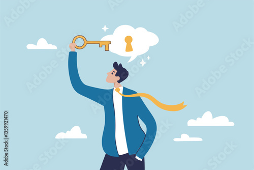 Unlock potential, discover key to solution solving problem, open mindset for new opportunity, think to develop idea, achievement or freedom concept, businessman put key to keyhole in thought bubble.