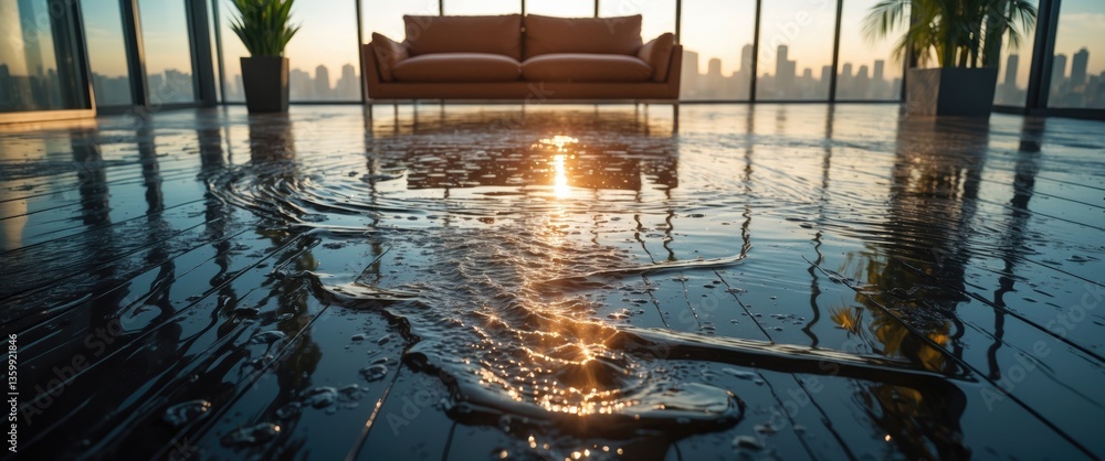 Water pooling and flooding on wood parquet flooring. The room's floor will suffer damage after the flooding occurs.