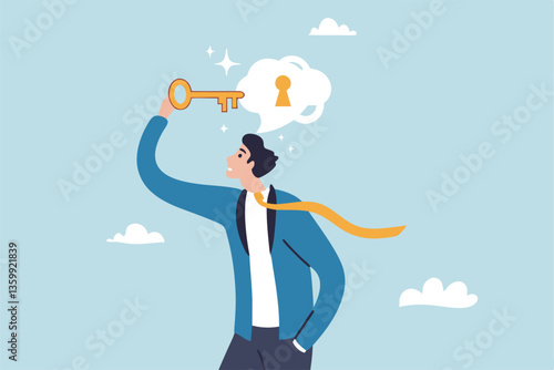 Unlock potential, discover key to solution solving problem, open mindset for new opportunity, think to develop idea, achievement or freedom concept, businessman put key to keyhole in thought bubble.