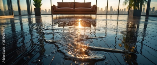 Obraz na płótnie Water pooling and flooding on wood parquet flooring. The room's floor will suffer damage after the flooding occurs. w salonie
