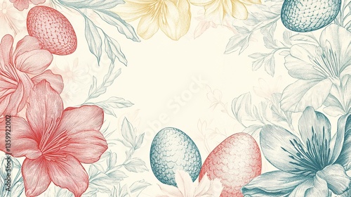 A hand-drawn botanical Easter background with finely detailed floral elements, subtle pastel shading, and delicately illustrated eggs