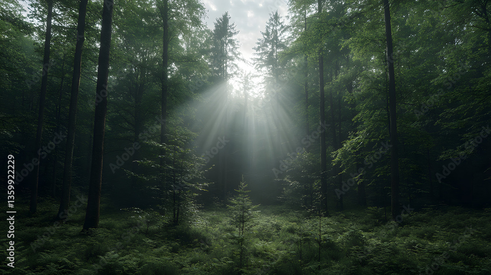 Obraz premium Sunlight piercing misty forest (1)