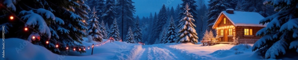 Fototapeta premium Snowy forest at night with twinkling lights and festive decorations, Christmas, decorations, winter