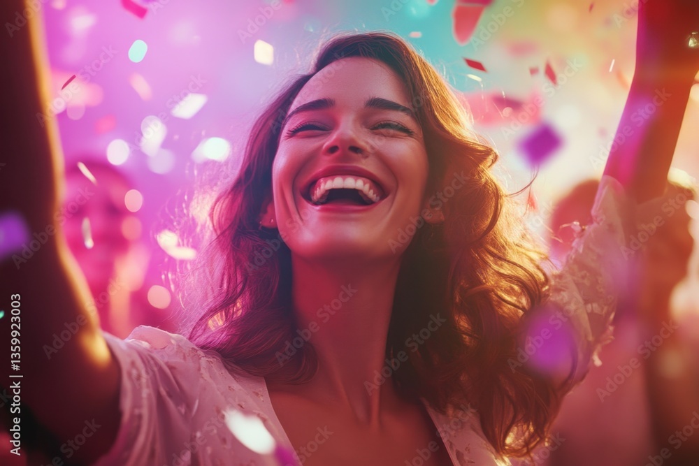 Woman celebrating joyfully amidst colorful confetti at a lively party Woman celebrating joyfully amidst colorful confetti at a lively party