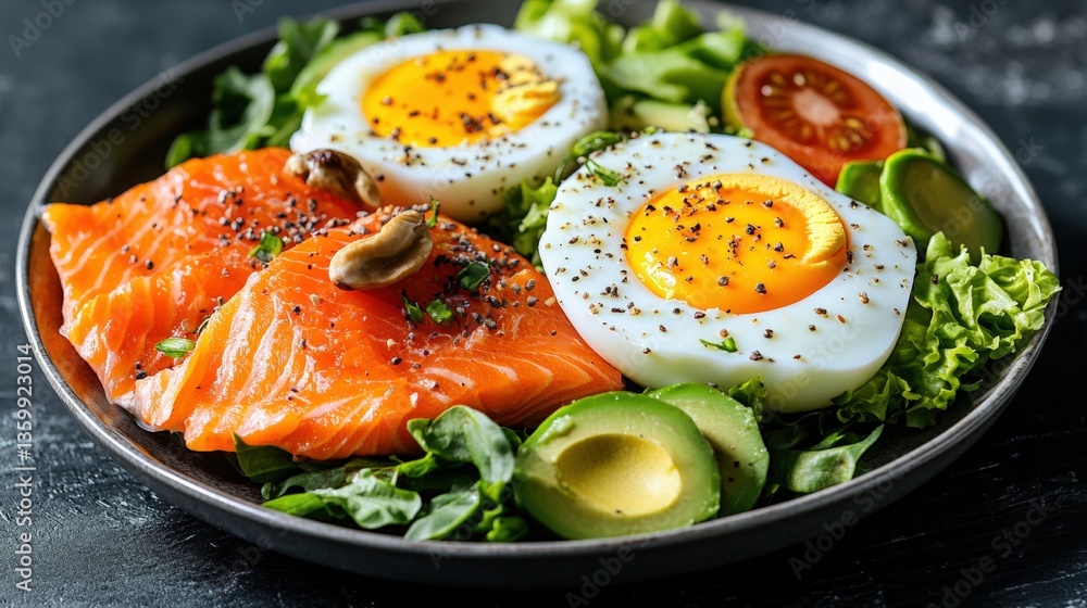 Vibrant and Healthy Meal with Sliced Smoked Salmon, Hard-Boiled Egg Halves, Avocado Slices, Mixed Greens, Cherry Tomatoes, and Spices Garnish Vibrant and Healthy Meal with Sliced Smoked Salmon, Hard-Boiled Egg Halves, Avocado Slices, Mixed Greens, Cherry Tomatoes, and Spices Garnish