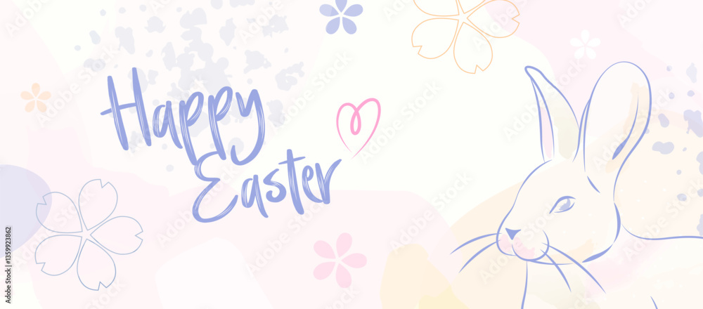 Fototapeta premium Happy Easter Bunny Pastel Banner. Soft Spring Design Background with Whimsical Flowers Pattern. 