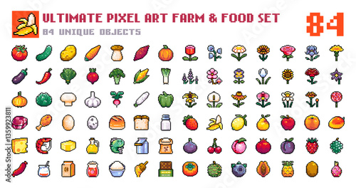 Pixel Art Farm and Food Icons. 8 bit style stickers of Pixelated Fresh Produce – Vegetables, Fruits, Flowers, Meat, Dairy, Fish. Pixel Food For Game assets and Gaming Badges.