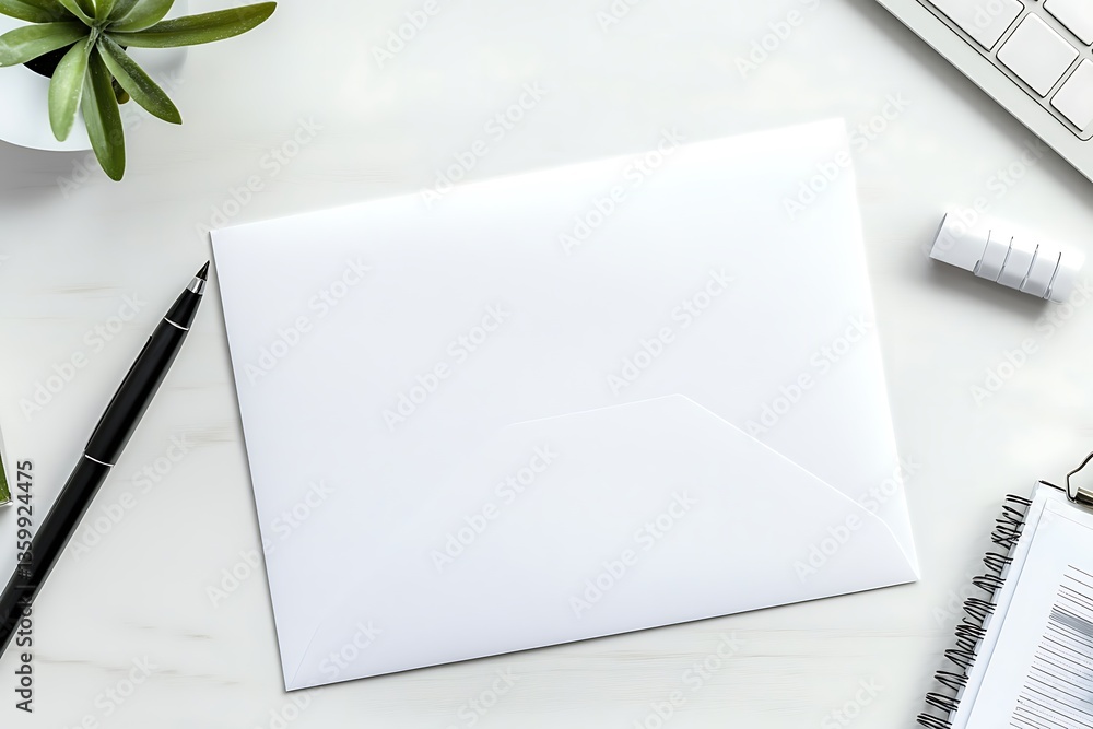 Blank White Envelope on Desk with Office Supplies Blank White Envelope on Desk with Office Supplies