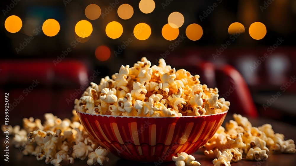 Fresh buttery popcorn in red striped bowl against dark background with golden bokeh lights, perfect for movie night or entertainment concepts. Fresh buttery popcorn in red striped bowl against dark background with golden bokeh lights, perfect for movie night or entertainment concepts.