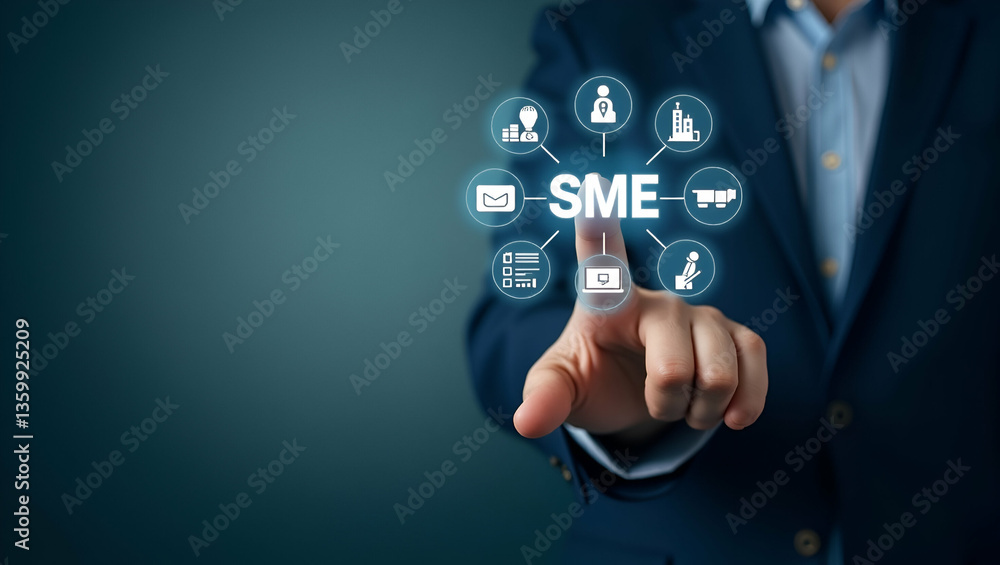 Hand Pointing at Holographic Icons Representing SME Business Growth Strategies: Visualizing Success for Small and Medium Enterprises in a Conceptual Empty Space Hand Pointing at Holographic Icons Representing SME Business Growth Strategies: Visualizing Success for Small and Medium Enterprises in a Conceptual Empty Space