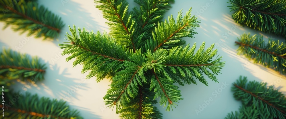 View from above of green fir tree branch with needles set against a white background. View from above of green fir tree branch with needles set against a white background.