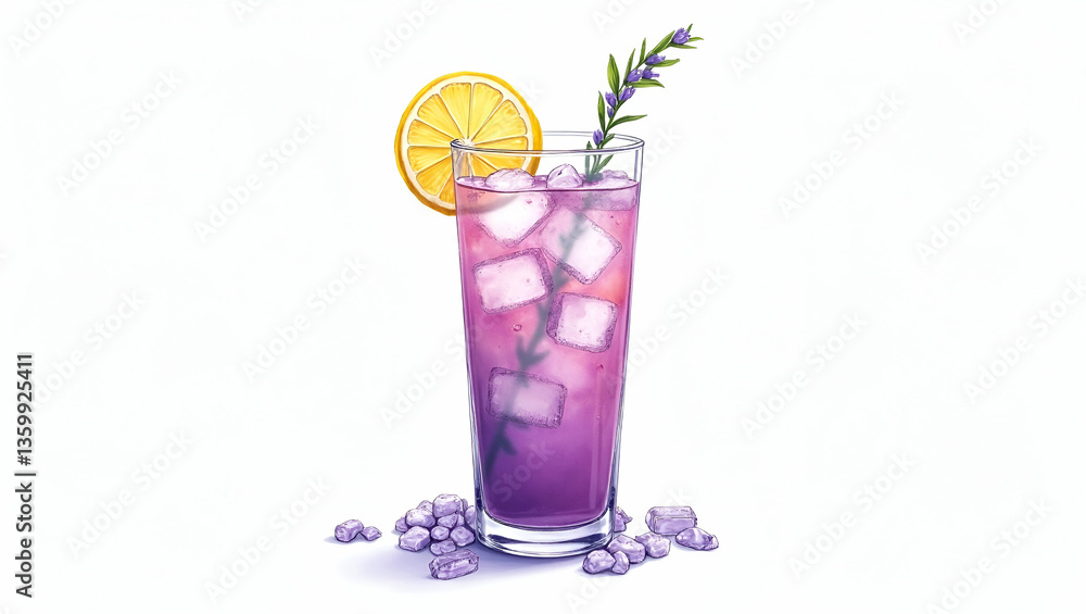 Refreshing Lavender Lemonade with Ice Cubes in Watercolor Design Refreshing Lavender Lemonade with Ice Cubes in Watercolor Design