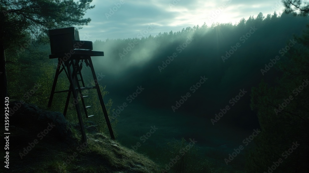 Naklejka premium Elevated hunting stand in misty forest at dawn