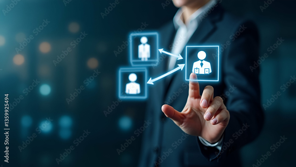 Hand Engaging with Holographic Onboarding Device: Innovative Recruitment and Employee Management Training Icons in Empty Space for Enhanced Workforce Development - Stock Photo Concept Hand Engaging with Holographic Onboarding Device: Innovative Recruitment and Employee Management Training Icons in Empty Space for Enhanced Workforce Development - Stock Photo Concept