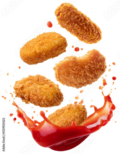 Crispy chicken nuggets falling into splashing ketchup on transparent background