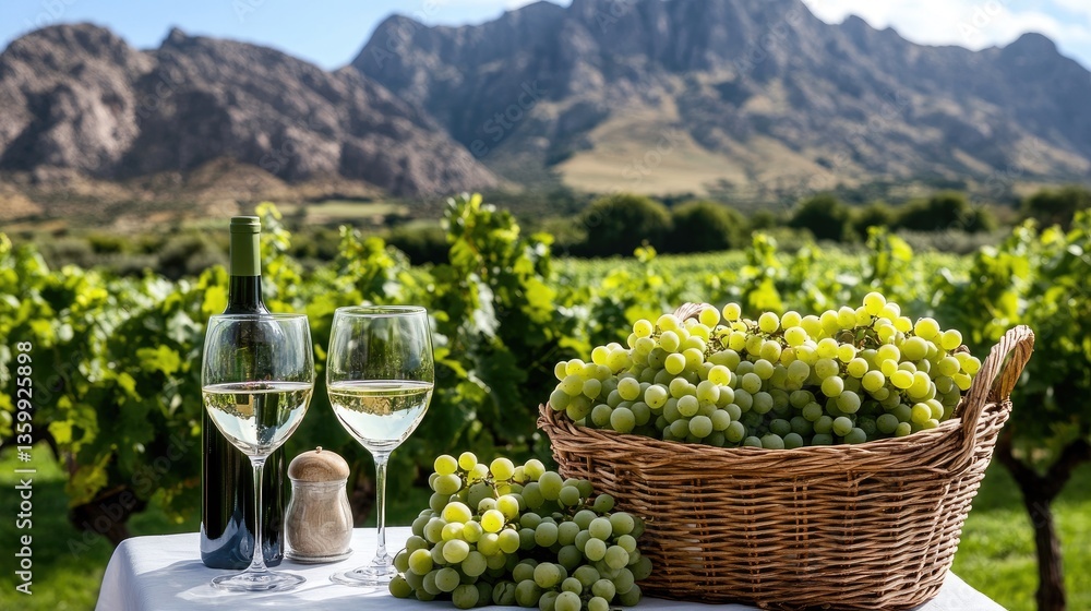 Fototapeta premium Intimate table for two surrounded by vineyards, showcasing fresh grapes, wine, and a breathtaking view of the mountains