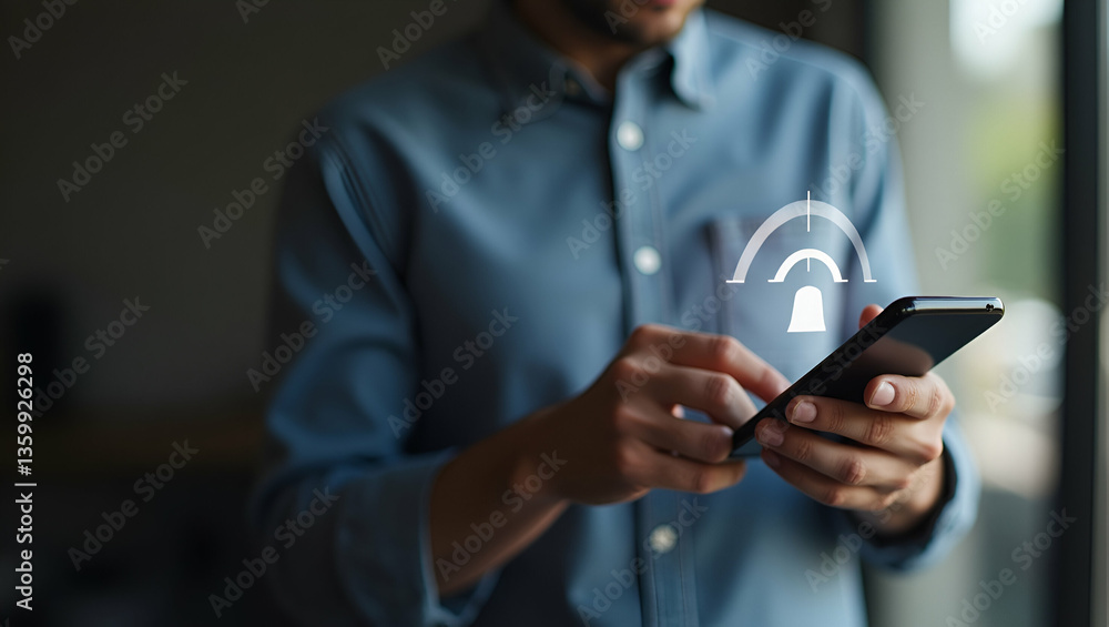Close-Up of Man Pressing Notification Bell on Home Security App Close-Up of Man Pressing Notification Bell on Home Security App