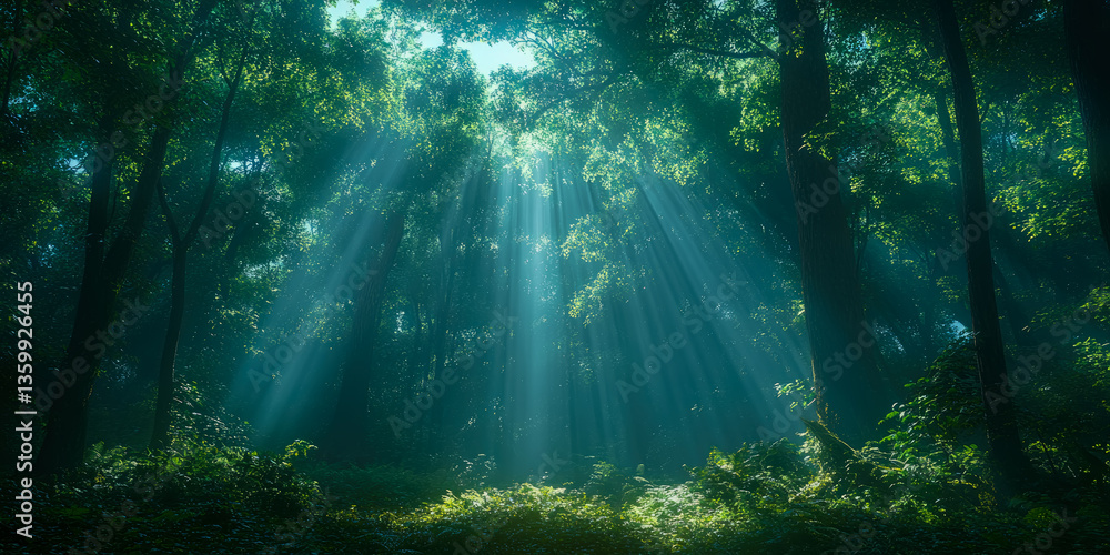 Obraz premium Sunbeam's Dance: Ethereal Light Through Dense Forest Canopy