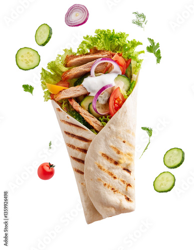 Grilled shawarma wrap with flying ingredients on transparent background