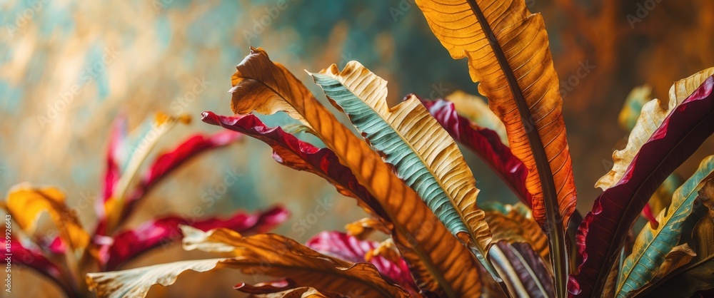Tropical dry leaves in foreground. Close-up perspective Tropical dry leaves in foreground. Close-up perspective