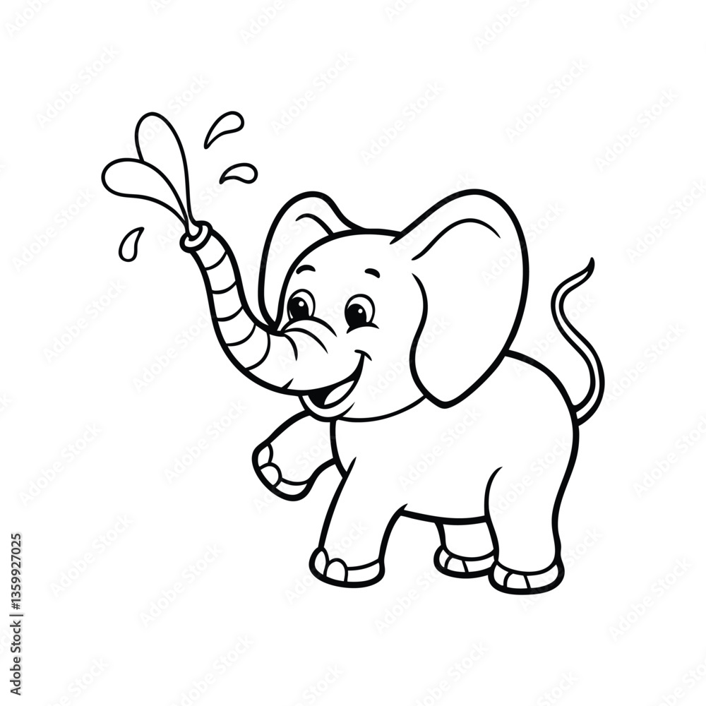 Fototapeta premium A line art vector drawing of a baby elephant spraying water from its trunk.eps
