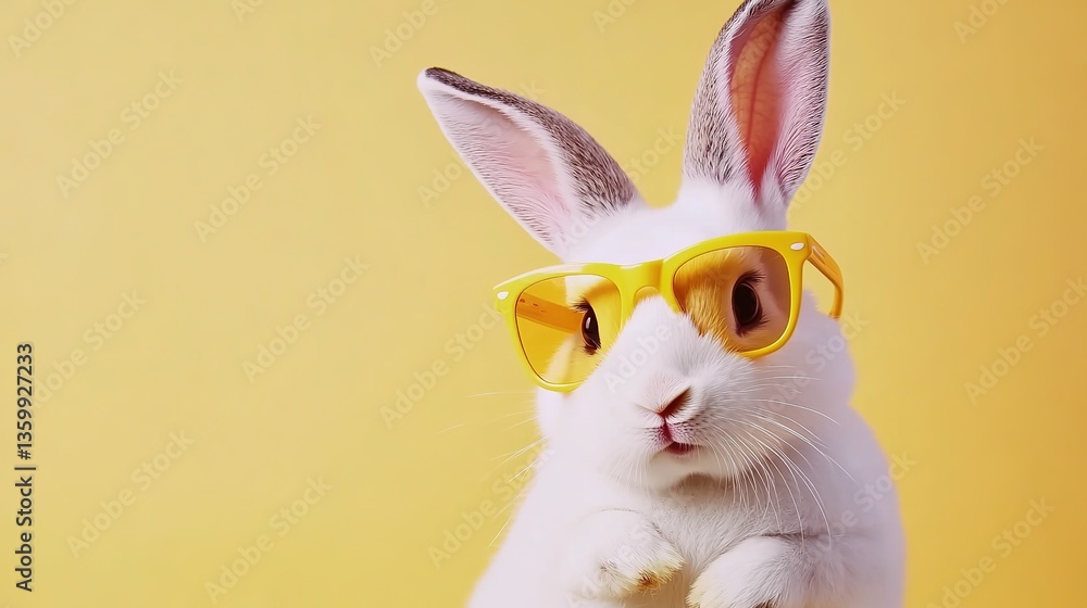 Fototapeta premium Cute Studio Shot of White Rabbit with Retro Yellow Sunglasses on Pure White Backdrop, Easter Bunny Mascot Concept for Brand Merchandise or Seasonal Promotions. Ideal for Sticker Designs, Packaging Lab