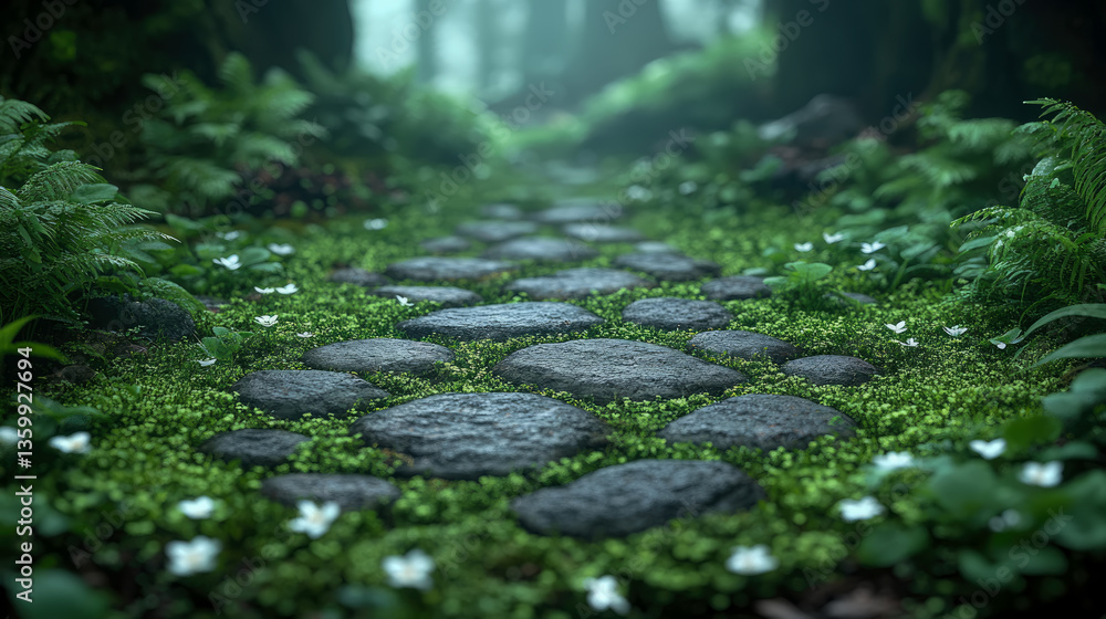 Fototapeta premium Pathway to Serenity: A Mystical Stone Path Through Lush Greenery