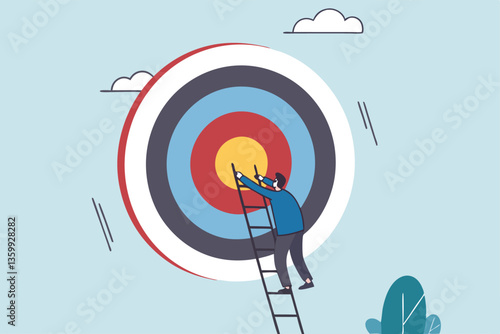 Climb up ladder to reach target or goal, aspiration to success, growth or aiming to achieve target, objective or purpose, motivation to winning concept, businessman climbing ladder to business goal.