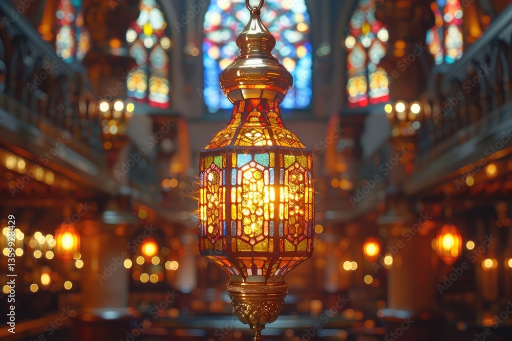 A decorative ornate hanging lantern is lit in a church setting