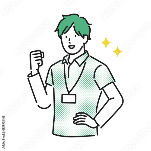 イラスト素材【介護イメージ】:生き生きとした表情でガッツポーズする若い男性介護職員