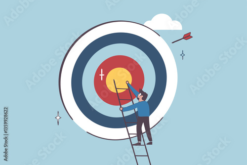 Climb up ladder to reach target or goal, aspiration to success, growth or aiming to achieve target, objective or purpose, motivation to winning concept, businessman climbing ladder to business goal.