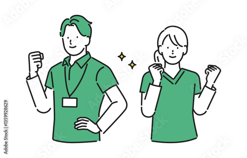 イラスト素材【介護イメージ】：生き生きとした表情でやる気のある若い男女の介護職員