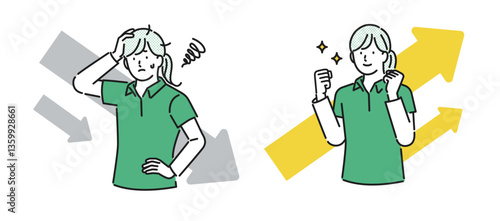 イラスト素材【介護イメージ】：悩んでいる表情と生き生きとした表情の若い女性介護職員
