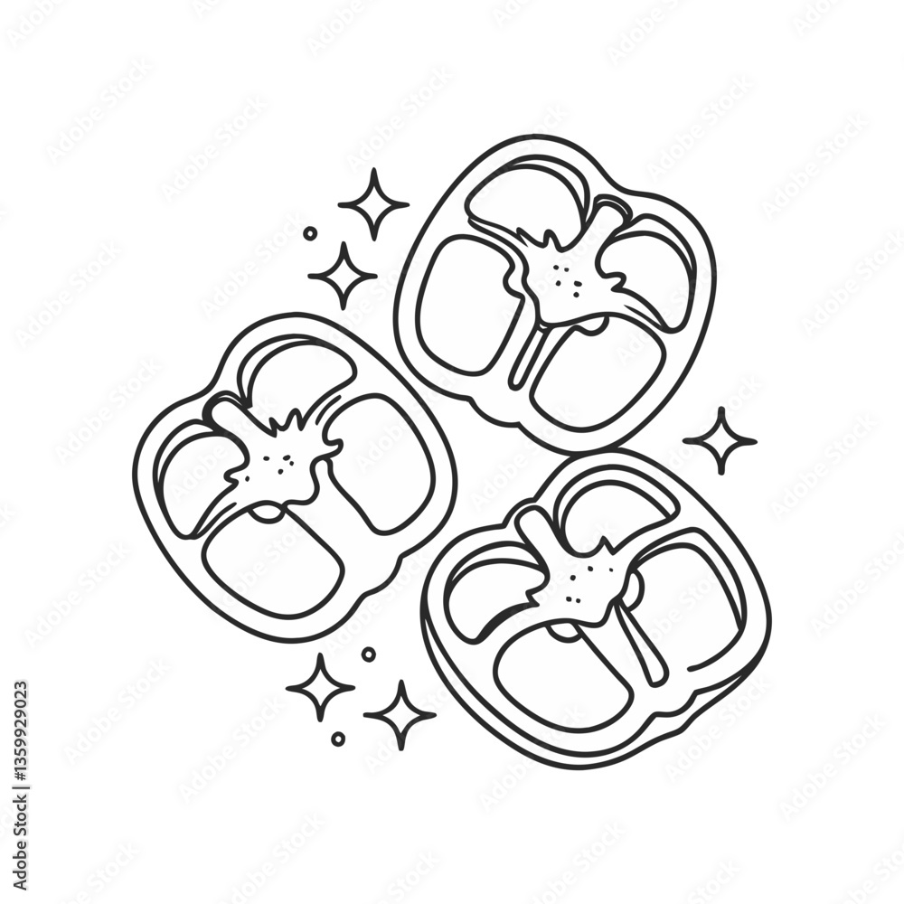 Outlined vector of three bell pepper slices with sparkle accents, ideal for fresh produce, cooking, and healthy lifestyle-themed designs. Outlined vector of three bell pepper slices with sparkle accents, ideal for fresh produce, cooking, and healthy lifestyle-themed designs.