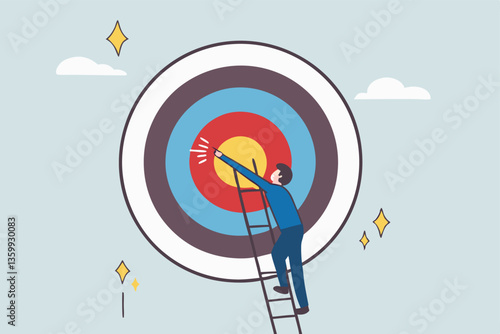 Climb up ladder to reach target or goal, aspiration to success, growth or aiming to achieve target, objective or purpose, motivation to winning concept, businessman climbing ladder to business goal.
