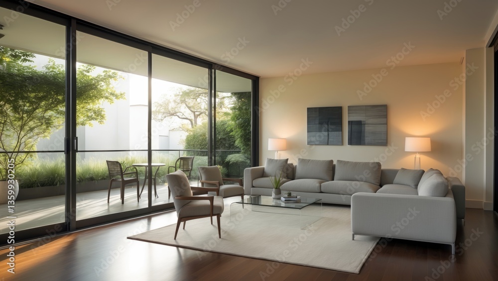 Fototapeta premium A living room featuring sliding glass doors that lead to the balcony and patio area, designed for entertaining.